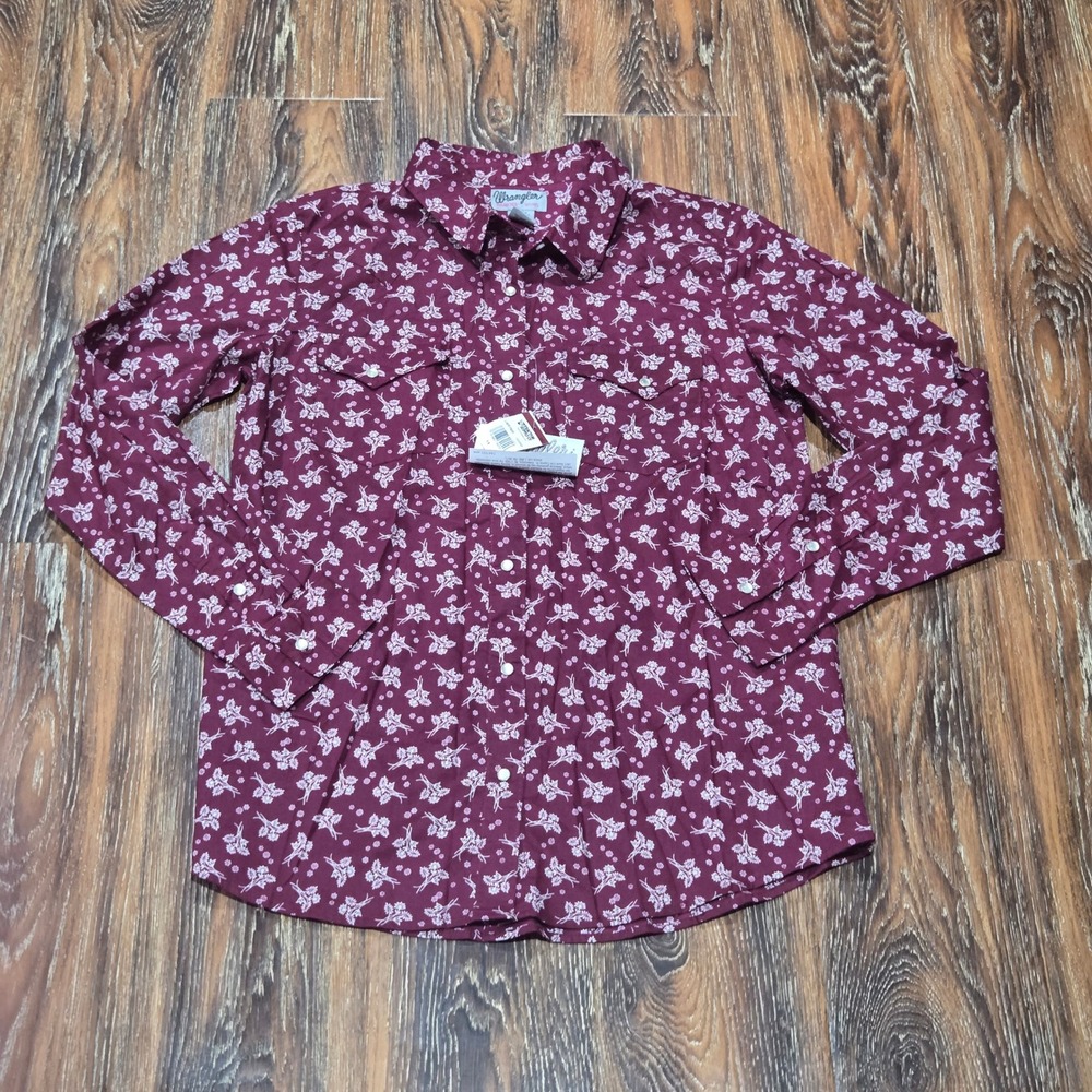 NEW Wrangler M Shirt Womens Burgundy Floral Western Long Sleeve Pearl Snap
